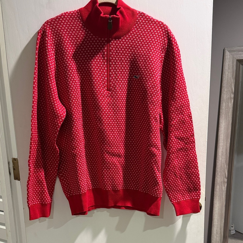 Vineyard Vines Red and White Patterned Zip-Up Sweater